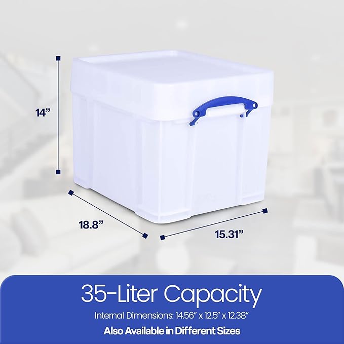 Really Useful Box 35 Liter Extra Strong Plastic Storage Box with XL Snap Lid and Clip Lock Handle for Lidded Home and Item Storage Bin, 3 Pack, White