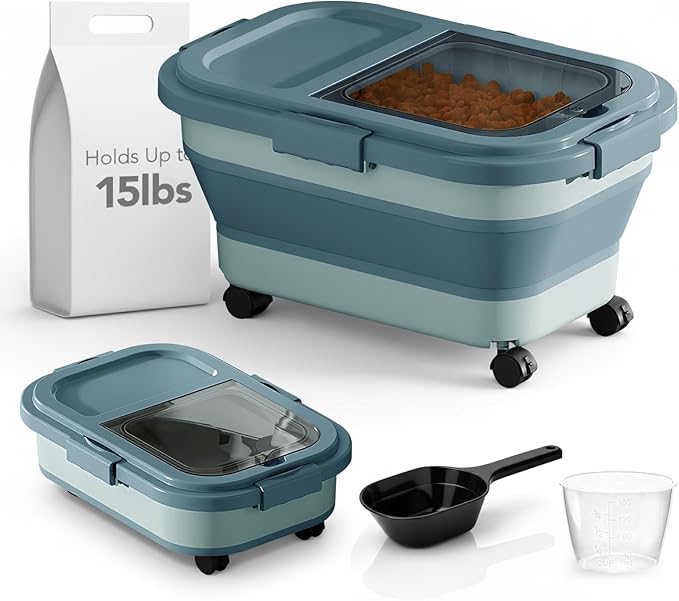 15 Lbs Dog/Cat Food Storage Container,Collapsible Food Storage Containers with Rolling Wheel Airtight Locking Lid,Pet Food Storage Container with Cup and Scoop,Blue