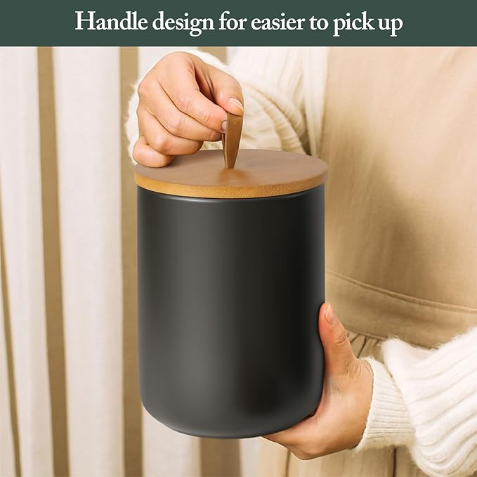 Canisters Sets for the Kitchen, 2 Large Kitchen Canister with Airtight Top Handle, Ceramic Canisters for Kitchen Counter, Black canisters, Modern Ceramic Jar with Wooden Lid for Coffee Flour