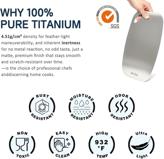 Beviss 100% Pure Titanium Cutting Board 13.66" x 9"- BPA Free, Non-Porous & Durable Kitchen Chopping Board for Meat, Vegetables, Fruits