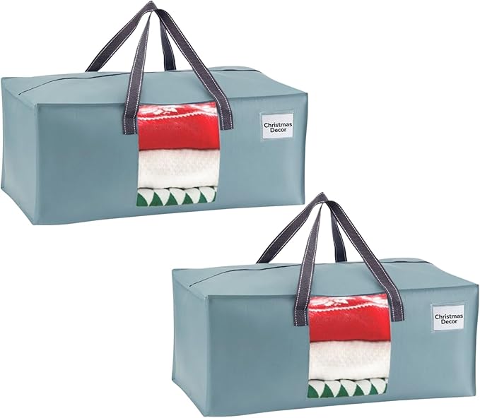VENO 2 Pack Heavy Duty Moving Bags, Christmas Storage Bins with Lids, Transparent Window Design, Alternative to Moving Boxes, Storage Bags for Clothes, Blankets, Comforters (Light Blue Matte, 2 Pack)
