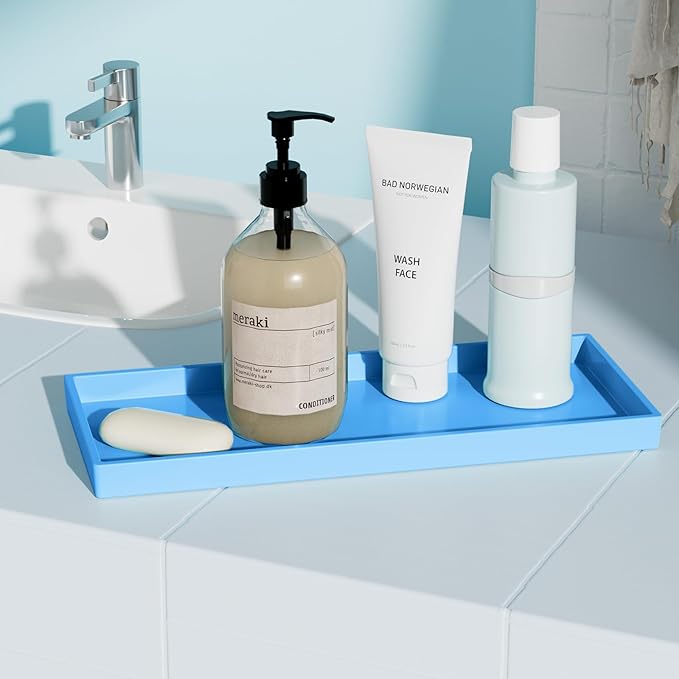Mriluvy Vanity and Bathroom Tray, 11.8" ABS Countertop Organizer,Waterproof Vanity Tray for Toilet Tank,Perfume,Soap,Keys,Bathroom Accessories,Kitchen and Bath Trays,Non Slip Small Trays,Blue