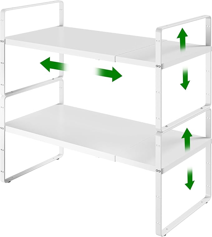 LOCVCDA Expandable Cabinet Organizer Shelf, Adjustable Height Organizer Riser for Kitchen Cabinet Spice Rack Locker Pantry Cupboard Under Sink Countertop Desk Organization Metal Stackable Shelves