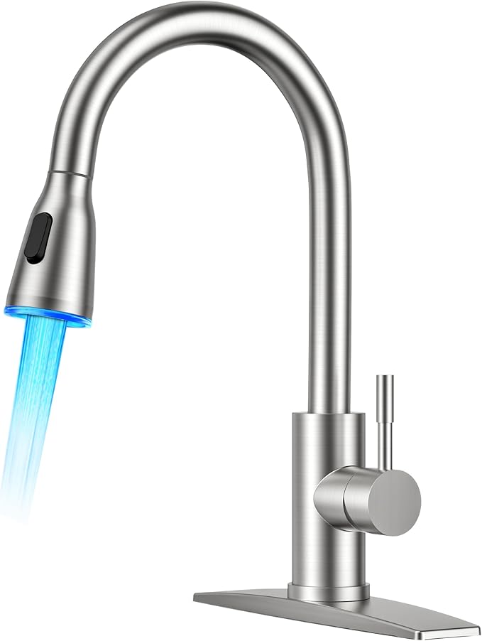 FORIOUS LED Kitchen Faucet with Pull Down Sprayer, Brushed Nicke Single Handle Stainless Steel Traditional Sink Faucets with LED Light Sprayer Head, Suitable for Farmhouse Laundry Camper Rv Bar