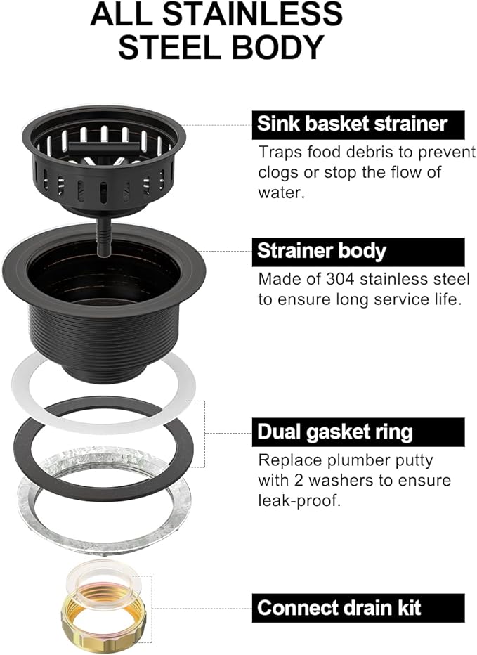 BOTEMY B9171 Bronze Kitchen Sink Drain Kit 3 1/2 Sink Strainer for Kitchen Sink with Stainless Steel Strainer Stopper Drain Assembly Basket Strainer Fit Standard Sink Drain Hole