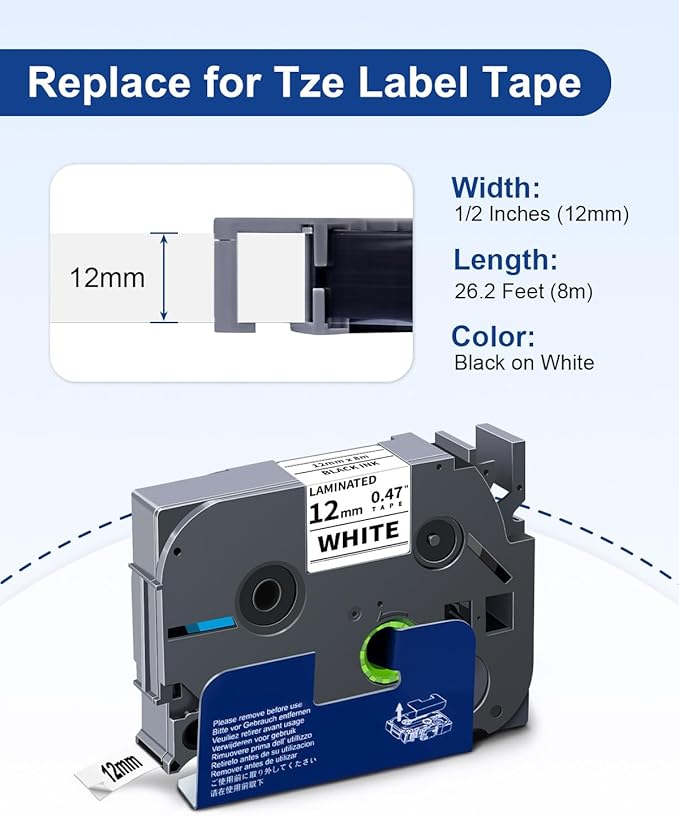 Absonic 12mm 0.47 Laminated White Tz-231 Tape Compatible for Brother Tze-231 Tze Tape 1/2 Inch Refills Work for P Touch Label Maker PTD220 PTD210 PTH110 PTP710 PT-610BT PTD400, Black on White, 6 Pack