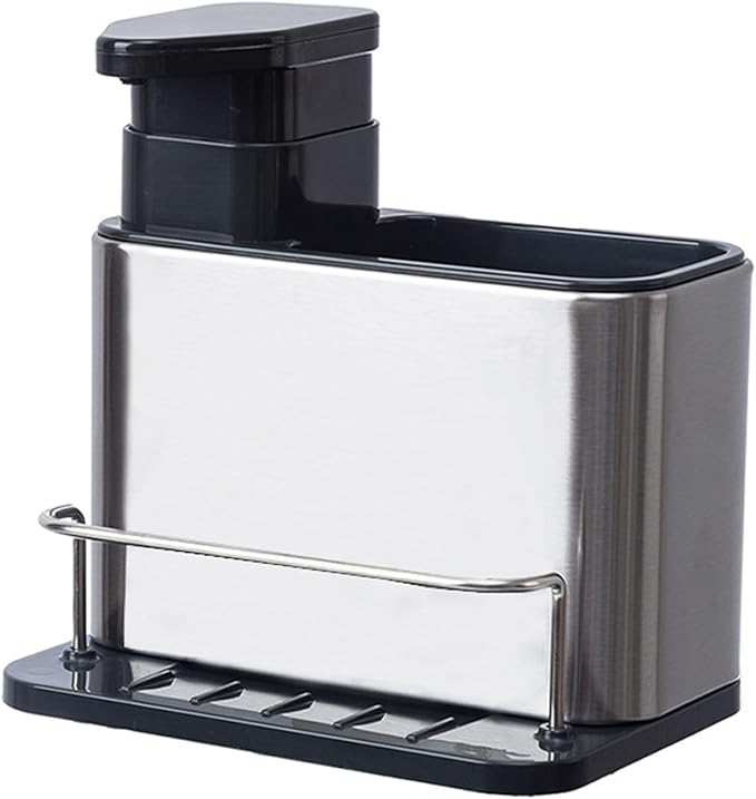 Soap Dispenser for Kitchen & Bathroom Sink with Sponge Holder and Brush Holder, Dish Soap Pump Sink Caddy for Countertop, Stainless Steel