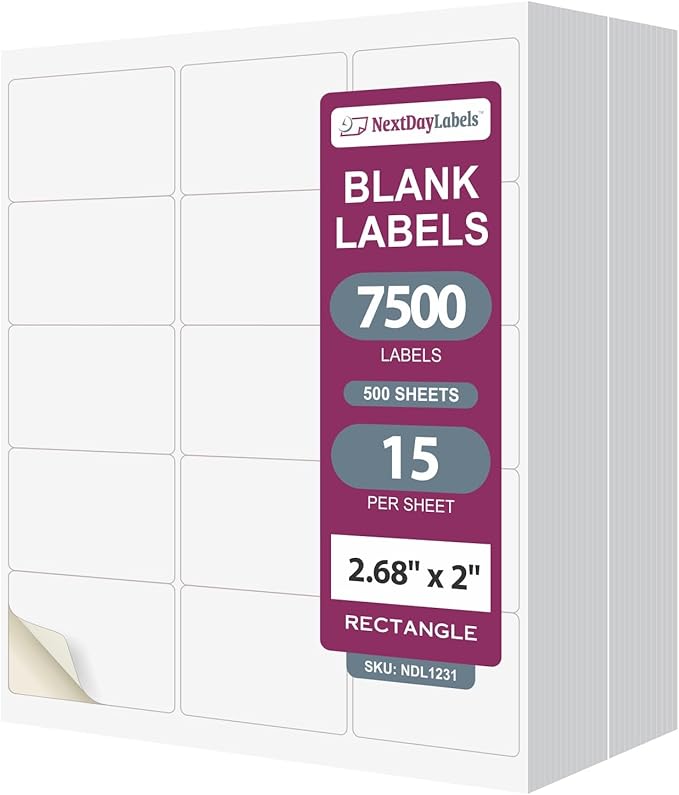 NextDayLabels 2.69x2 Inch Rectangle Stickers White Blank Labels for Laser Inkjet Printer - 15 Per Sheet Self-Adhesive Shipping Name Tags Product Made in USA - 7,500 Labels