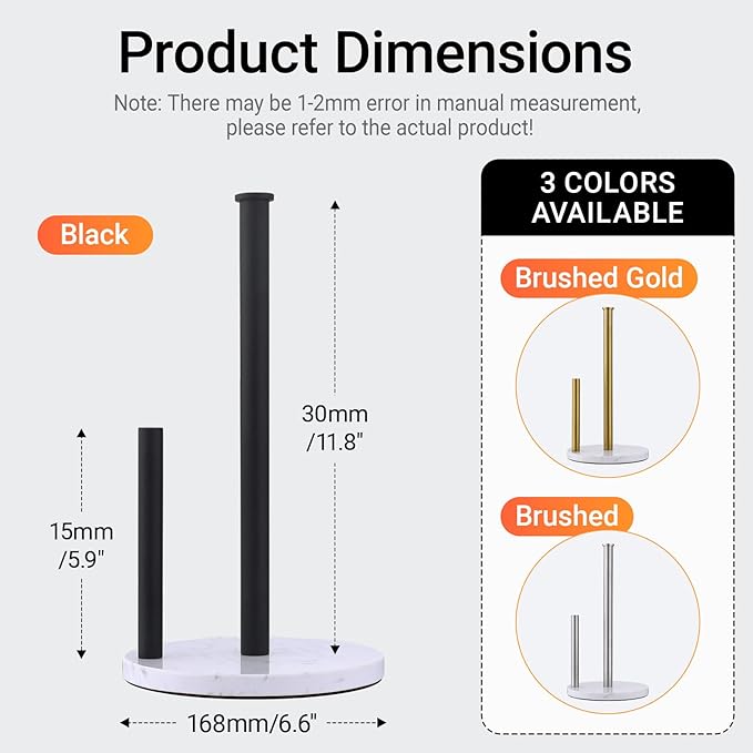 Hoooh Matte Black Paper Towel Holder Countertop with Non-Slip Marble Base - Rust-Resistant Stainless Steel, Freestanding for Kitchen Organization