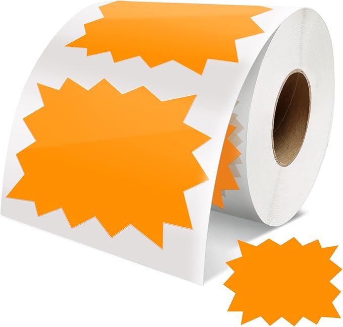 Price Tags Stickers Orange 4 x 3 Inches Self-Adhesive Large Sale Sticker Starburst Signs Removable Waterproof Labels for Retail Store Market Business 500 PCS