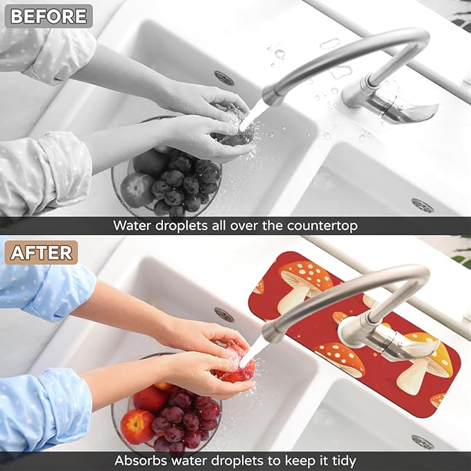 1 PC 15.4*5.7 Inch Absorbent Faucet Mat for Kitchen Sink Diatom Mud Tailored Sink Splash Guard for Bathroom Kitchen Red Mushroom