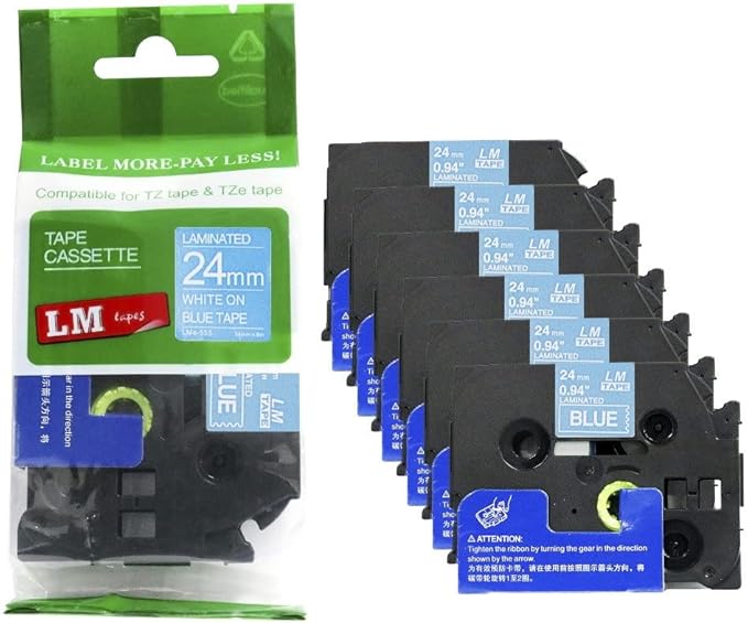 6/Pack LM Tapes - LMe-555 Premium 1" White Print on Blue Label Compatible with Brother TZe-555 P-Touch and Includes Tape Color/Size Guide. Replaces TZ555 24mm 0.94 Laminated