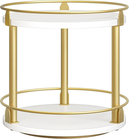 YATINEY Lazy Susan Organizer, Rotating Spice Rack, 2 Tier Spice Turntable Organizer, Industrial Turntable Spice Holder, for Kitchen Countertop and Cabinet, Compact and Versatile, White and Gold SR22DW