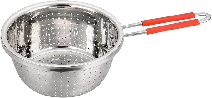 Contiup Stainless Steel Perforated Metal Colander Strainer with Long Red Handle Sieve Sifters Use for Kitchen Food Pasta Noodles Spaghetti Vegetables Silver - 7.9inch