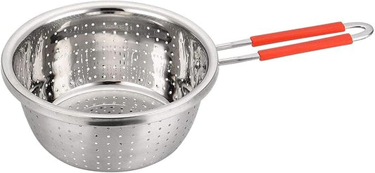 Contiup Stainless Steel Perforated Metal Colander Strainer with Long Red Handle Sieve Sifters Use for Kitchen Food Pasta Noodles Spaghetti Vegetables Silver - 7.9inch