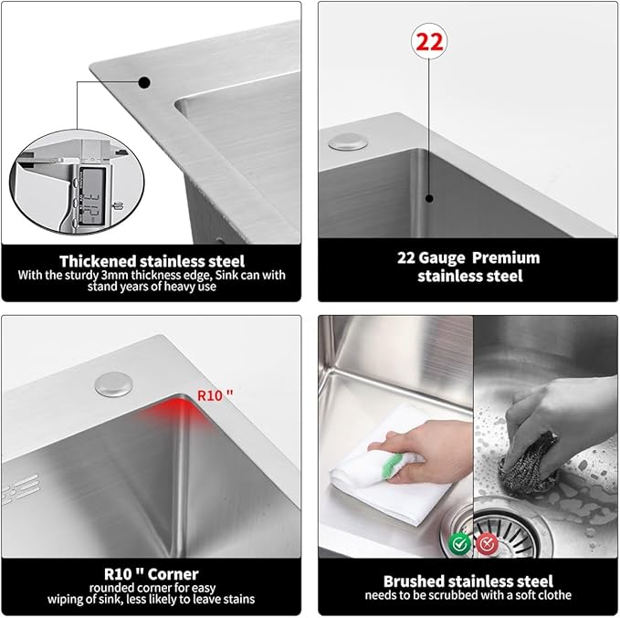 27 Inch Kitchen Sink Drop in Stainless Steel Top Mount Sink with Brushed Finish, Single Bowl Workstation Sink with Basket Strainer and Kitchen Sink Organizer, 26.8"D x 17.7"W x 8.3"H