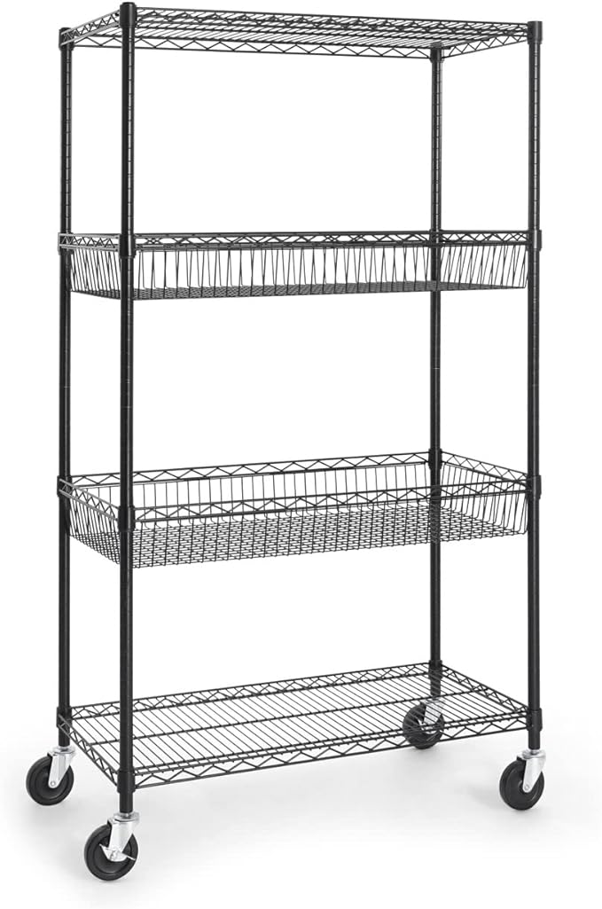 CAPHAUS NSF Commercial Heavy Duty 4 Tier Wire Shelving w/Two Rectangle Baskets, Wheels, Leveling Feet, Storage Metal Shelf, Basement Garage Shelving, Utility Wire Rack Storage Black