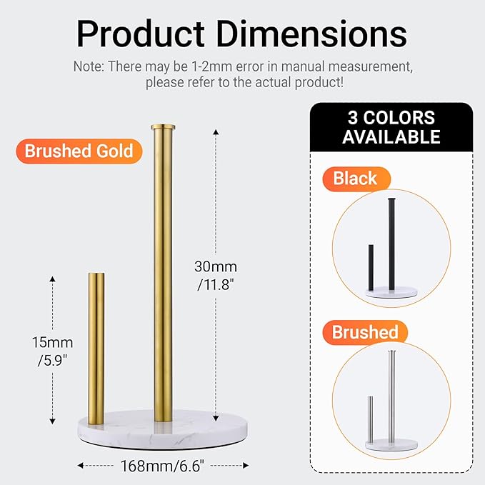 Hoooh Freestanding Paper Towel Holder for Kitchen Countertop - Non-Slip Marble Base, Brushed Gold Stainless Steel, Fits Standard & Jumbo Rolls