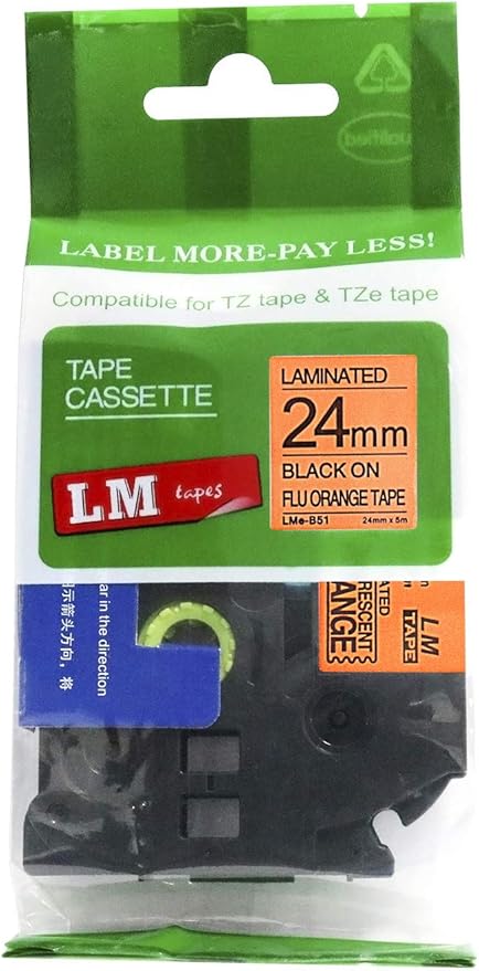 1/Pack LM Tapes - LMeB51 Premium 1" Black Print on Bright Orange Label Compatible with Brother TZe-B51 P-Touch and Includes Tape Color/Size Guide. Replaces TZ-B51 24mm 0.94 Laminated Ptouch.