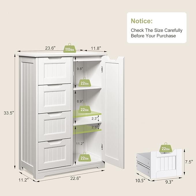 Gizoon Small Pantry with Door and Shelves, 33'' Kitchen Pantry Storage Cabinet Freestanding Wooden Bathroom Storage Cabinet with 4 Drawers for Kitchen and Dining Room, White