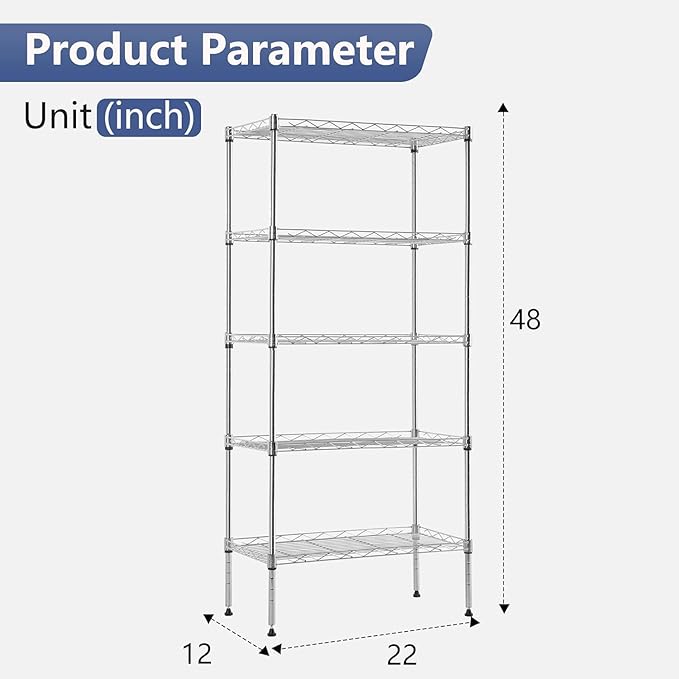 FDW 5 Tier 22L x 12W x 48H Pantry Shelves Adjustable Metal Shelves NSF Storage Rack Shelving Units for Kitchen Garage Small Places Commercial,Chrome