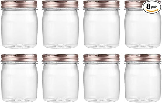 novelinks 8 oz Clear Plastic Jars with Airtight Lids, 8 Pack Plastic Mason Jars with Lids 8oz, Refillable Storage Slime Containers & Small Spice Jar for Kitchen Organization (8 Pack,Rose Gold)