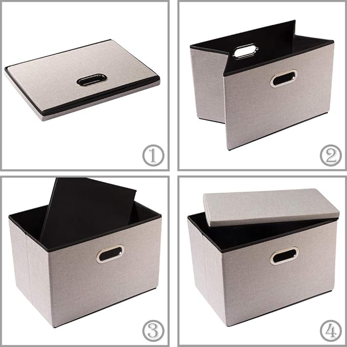 PRANDOM Large Foldable Storage Bin with Lid [1-Pack] Linen Fabric Decorative Storage Box Organizer Container Basket Cube with Handles Divider for Closet Office Living Room Light Grey(17.7x11.8x11.8)