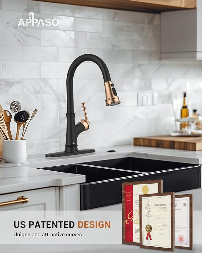 APPASO Matte Black and Rose Gold Pull Down Kitchen Faucet with Easy-Retract Sprayer - Single Handle High Arc One Hole, CUPC-Certified Pull-Out Hose, Water Supplies and Valve Core