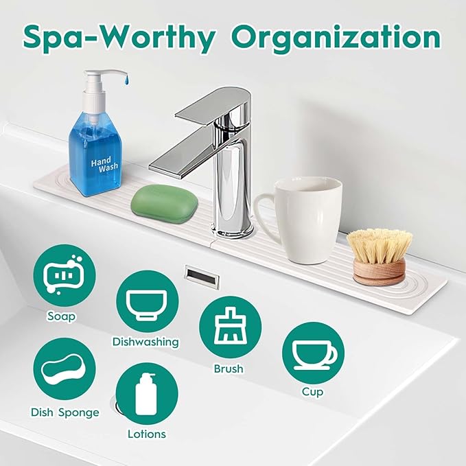 24 Inch Stone Faucet Mat for Kitchen Sink,Quick Dry Stone Mat Kitchen-Sink Water Splash Guard,Diatomite Protector with Super Absorbent&Leak Proof Circular for Kitchen Bathroom Counter(White）