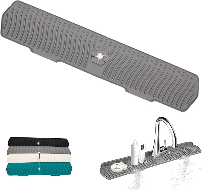 Kitchen Sink Faucet Mat, 30" x 6'' Silicone Faucet Guard & Draining Mat, 90° Foldable Faucet Mat for Kitchen Sink with 2 Water Ports, Splash Guard Kitchen Sink Mat (Gray)