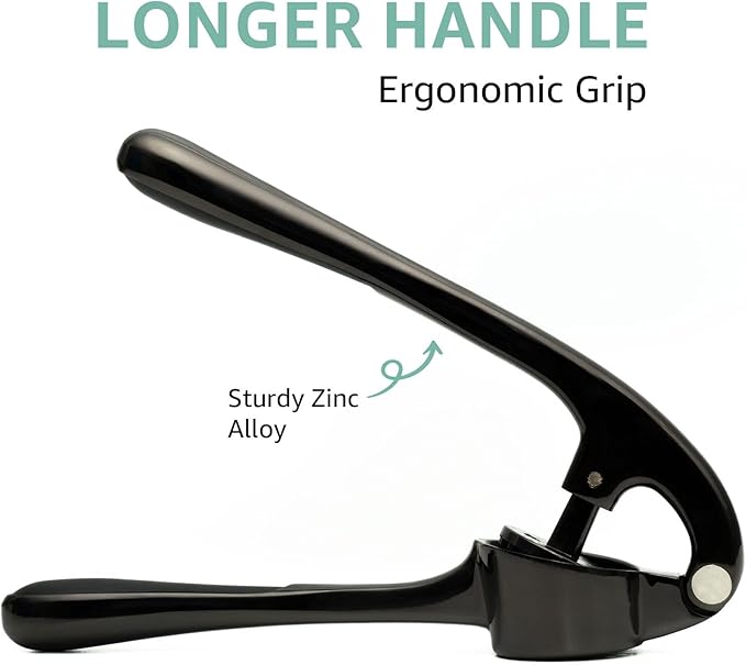 GD Black Garlic Press Crusher Mincer Tool - Premium Garlic Press smasher, Dishwasher Safe & Rust Proof, Easy-Squeeze Garlic Crusher with Ergonomic Handle - Includes Silicone Peeler & Brush (Black)