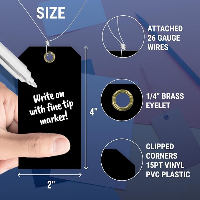 Tags 4 Less 15 Mil Blank Plastic Hang Tags with Attached Wires – 2" x 4" Heavy Duty Waterproof Hanging Labels for Outdoor Tagging, Equipment, Luggage, Valves & More (Black, Pack of 50)