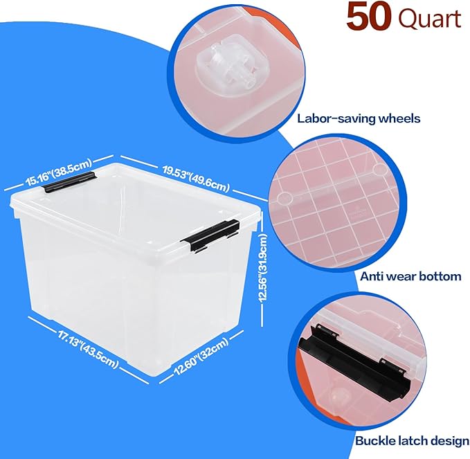 Hespama 4 Packs Clear Plastic Storage Bin 50 Quart, Large Storage Containers with Wheels