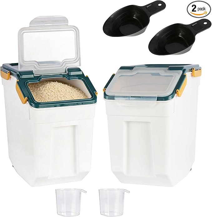 AnRui Airtight Flour Storage Container 25lb, Plastic Grain Storage Bucket, Rice Cereal Dispenser Organizer Box with Lid, Cat Dog Food Storage Bin with Measuring Cup, Scoop, Wheels, 2Pcs Blue
