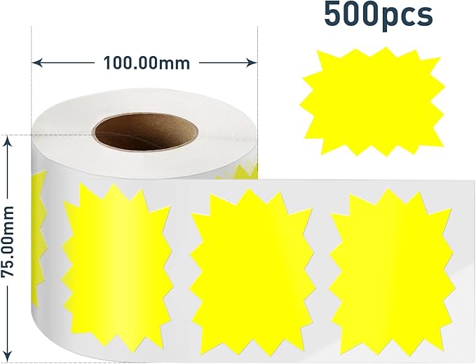 Price Tags Stickers Yellow 4 x 3 Inches Self-Adhesive Large Sale Sticker Starburst Signs Removable Waterproof Labels for Retail Store Market Business 500 PCS