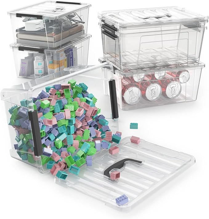 WYT 12 Pack Small 5-Quart Clear Plastic Storage Bins with Lids and Latch Buckles, Storage Organizer Container with Handle