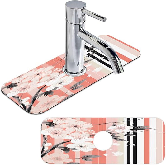 Petals Stripe Kitchen Faucet Mat Splash Guard, 15.4”x5.7” Absorbent Quick Drying Sink Mat for Countertop Protection, Draining Mat Sink Protectors For Kitchen Bathroom, 2 Pack