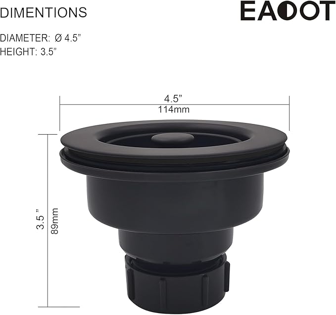 3-1/2 Inch Polymer Black Sink Drain Assembly with Basket Strainer and Stopper for Quartz, Granite or Fireclay Kitchen Sinks