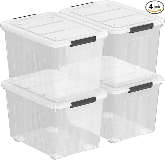 70 Quart 4 Pack Plastic Storage Bins with Latch Lids and Wheels, Clear Large Latching Storage Container