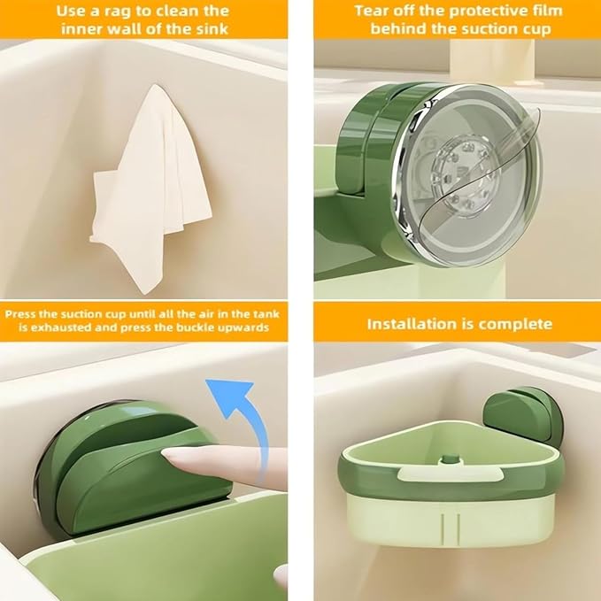 LLQ 2PACK Sink Strainer Basket,2025 New Upgraded Suction Cup Press Sink Drainer Basket,Automatic Dumping Sink Strainer Basket,Faucet Sponge Storage Rack (Yellow + Green-2pcs)