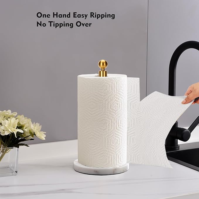 Gold Paper Towel Holder Countertop, with Weighted Marble Base for One-Handed Operation, No Wobbly (Marble Base, Gold)