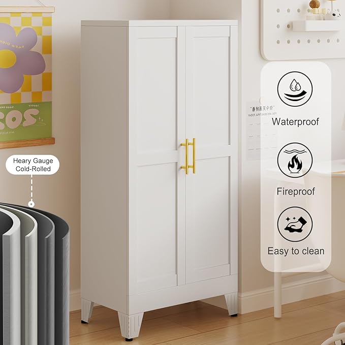 51" H Metal Kitchen Pantry Storage Cabinet,Storage Cabinets with Doors and Adjustable Shelves,Freestanding Food Pantry Cabinet Cupboard for Living Room,Dinning Room（White）