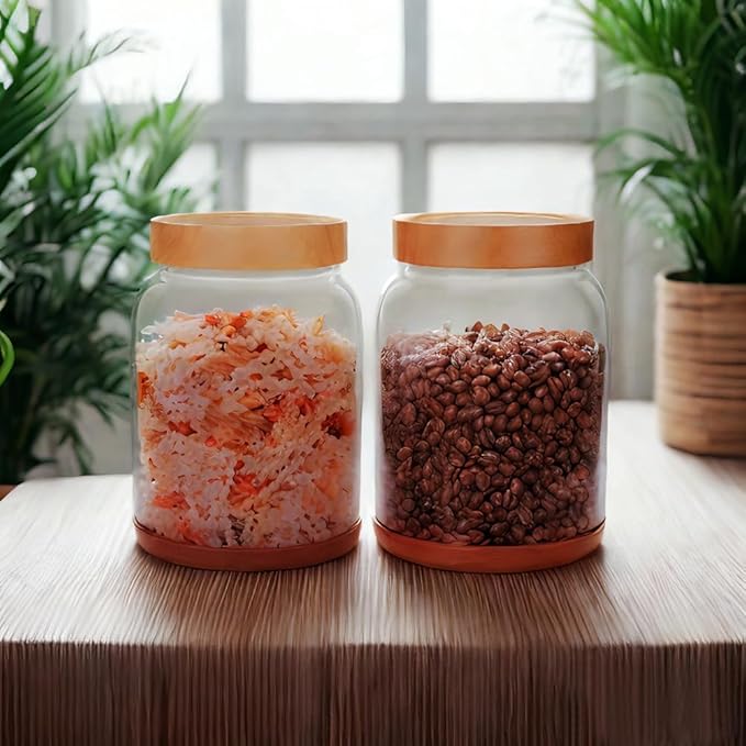 SAIOOL 2-Pack Striped Borosilicate Glass Airtight Canisters - Big mouth Large Capacity, Acacia Wood Lid, Food Storage Jars for Flour, Pasta, Pantry Organization (3/4 Gallon （Strew 2 pack）)