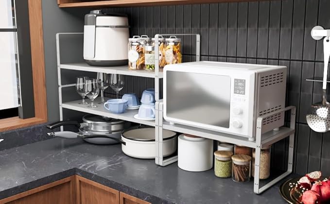 taiheis 16.5~27.1" Expandable Shelf Organizer, 1Pack 8.1" Wide Stackable Cabinet Shelf Organizers, White Metal Sturdy Kitchen Counter Storage for Countertop, Adjustable Height Spice Rack