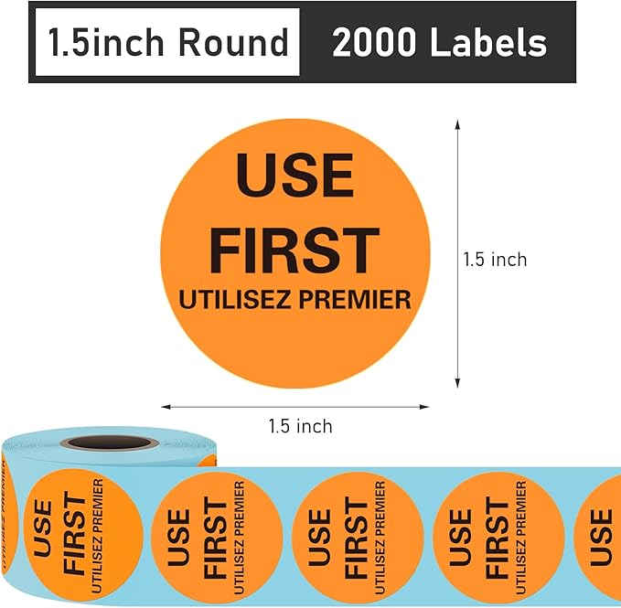 L LIKED 2000 Pcs Use First Circle Removable Labels - 1.5 Inch Circular Inventory Control Labels for Restaurant Food Service, 4 Rolls (Orange)