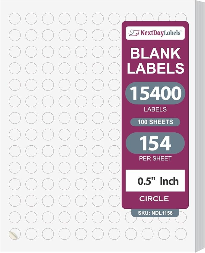 NextDayLabels 0.5 Inch Round Circle Stickers White Blank Labels for Laser Inkjet Printer - 154 Per Sheet Self-Adhesive Color Coding Made in USA - 15,400 Labels