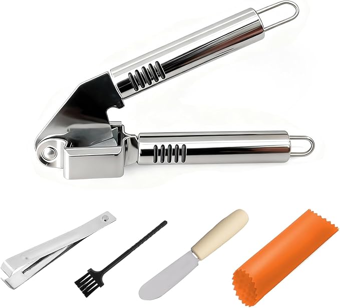 MANJIA Garlic Press and Peel Set Stainless Steel- Rust Proof Garlic Mincer Tool - Easy-Squeeze, Easy-Clean Silicone Garlic Peeler & Brush (Orange)