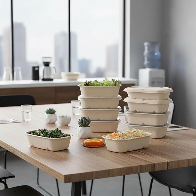 SharpRealm 24oz Disposable Meal Prep Food Containers with Lids and Forks, 50 Pack Sugarcane Fiber Pulp Paper Take-Out Boxes, Microwave and Freezer Safe for Lunch, Salads, Home or Restaurant Use