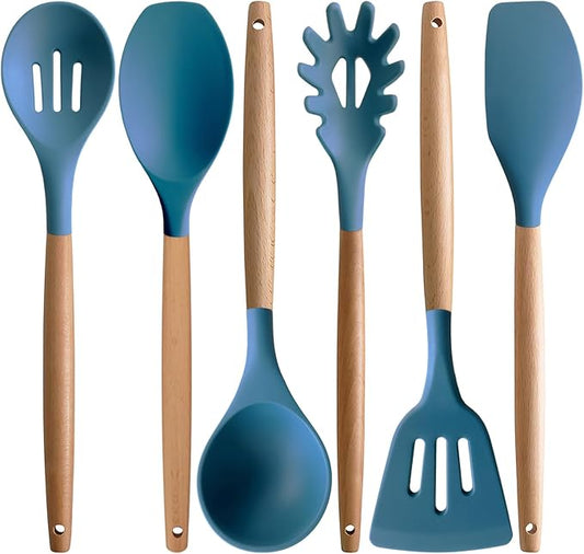IOCBYHZ Silicone Cooking Utensils Set 6Pcs Heat Resistant Silicone Kitchen Utensils Set for Cooking Spatula Spoon Turner Ladle w Wooden Handle, BPA FREE Kitchen Gadgets for Nonstick Cookware & Baking