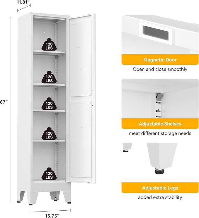 YAUWOH Narrow Metal Cabinet with 4 Adjustable Shelves and Barn Doors,Tall Bathroom Storage Cabinet, Metal Pantry Organizer for Kitchen,Home Office, Dining Room,White